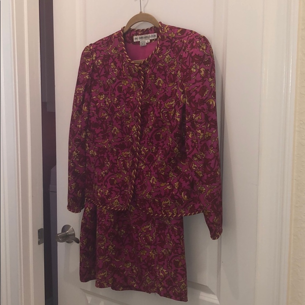 Two-piece silk suit.